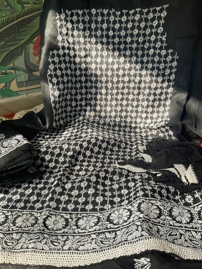 Ensemble de costume en voile de coton avec broderie Chikankari fine et motifs Boota, et dupatta en mousseline (Lot de 3)
