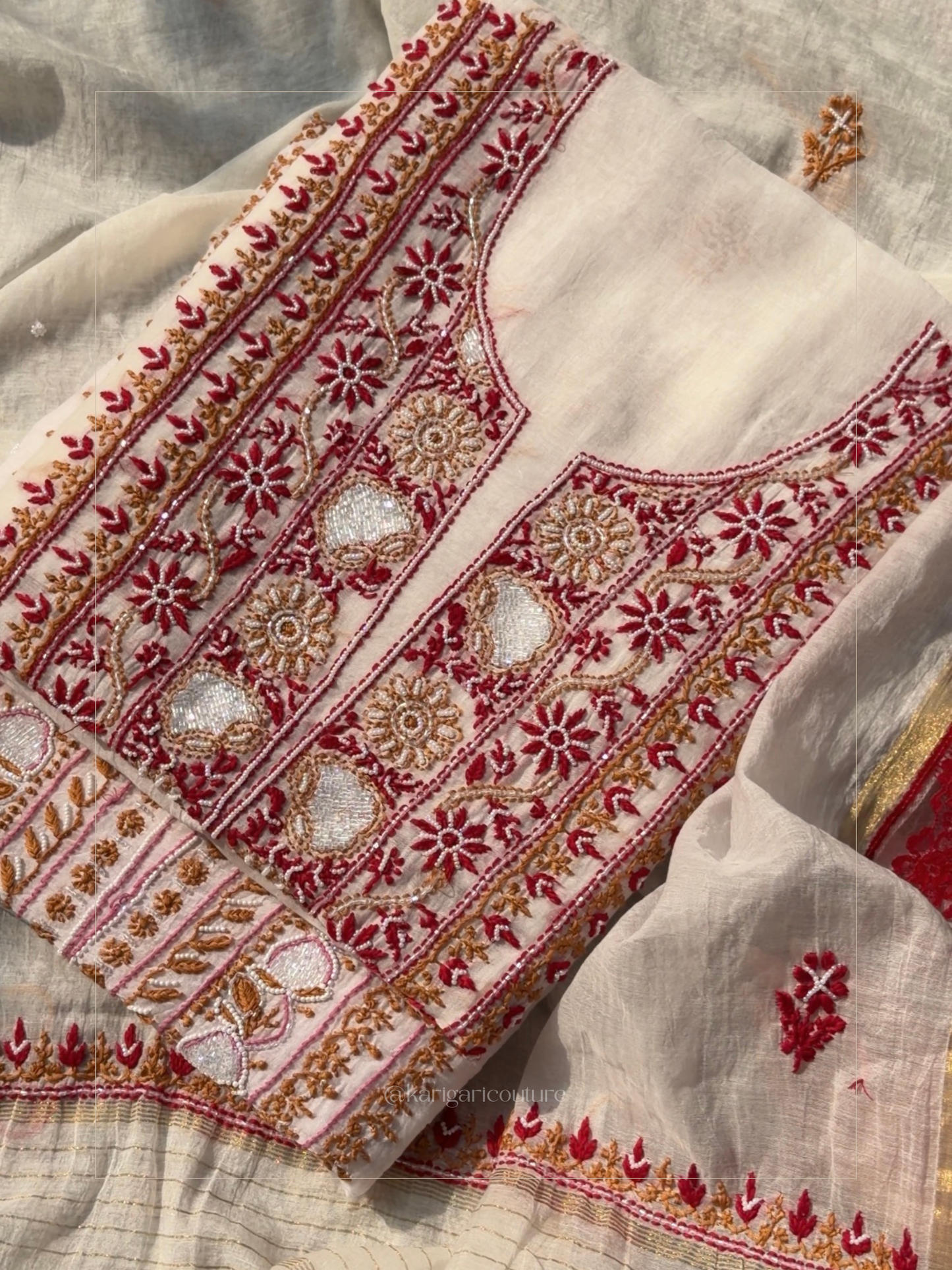 The Pearl-Embellished Chikankari Set in Ivory & Crimson Un-stitched