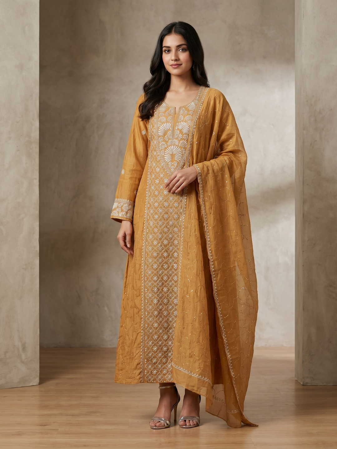 Pure Mulmul Chanderi Kurta Set with Chikankari & Mukaish Work with Handcrafted Dupatta (Set of 3) (Semi-stitched)