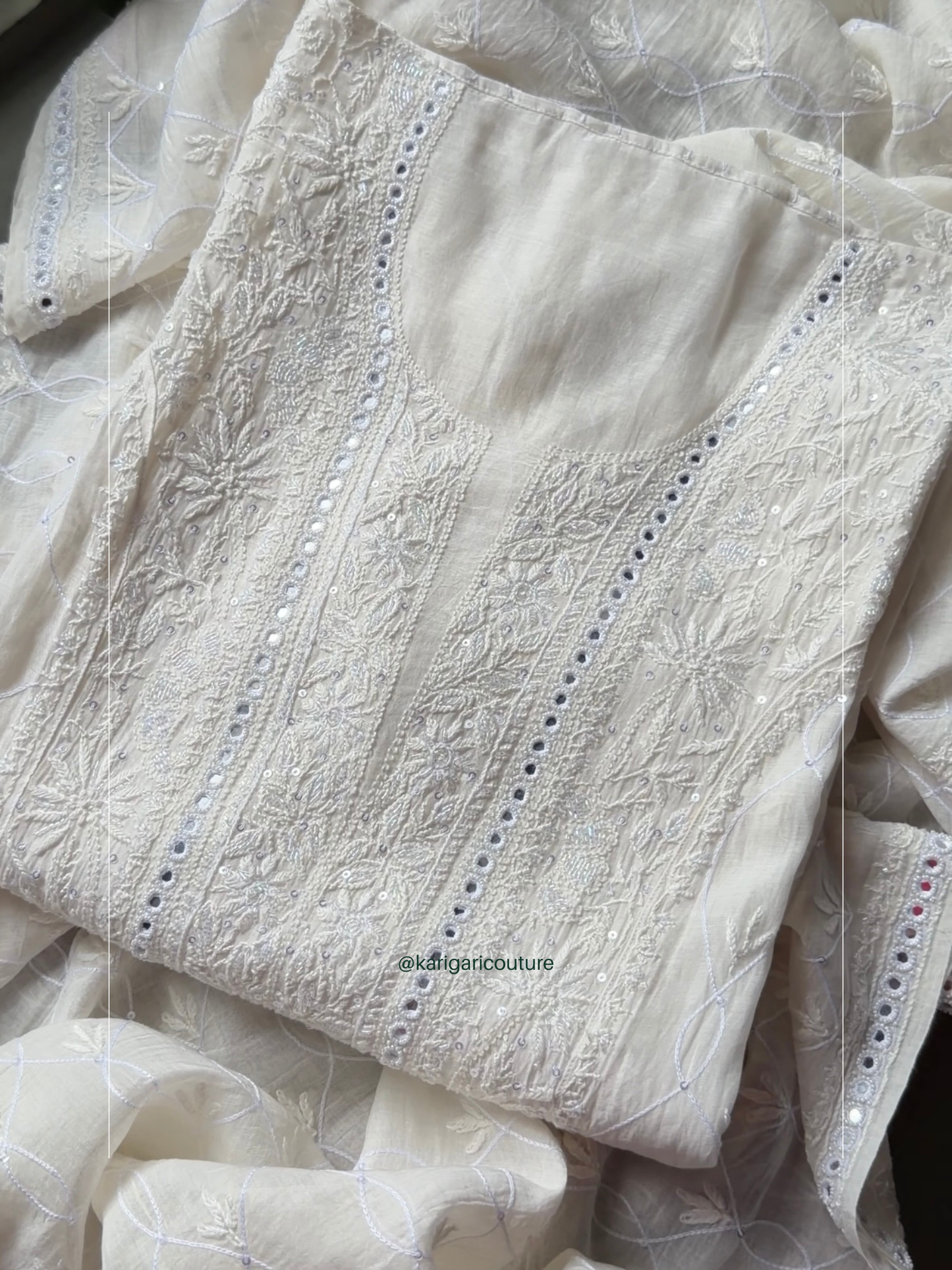 Ensemble Kurta Mulmul pur avec broderie Chikankari miroir et Dupatta fait main (Lot de 3) (Non cousu)