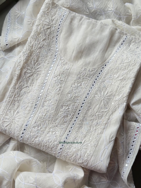 Pure Mulmul Kurta Set with Chikankari Mirror Work with Handcrafted Dupatta (Set of 3) (Unstitched)