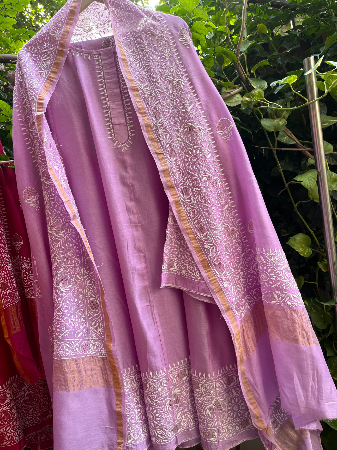 Pure Chanderi Silk Anarkali Set with Ek Taar Chikankari with Coordinated Palazzo & Dupatta (Set of 3) (Stitched)