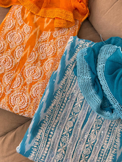 Ikat Unstitch Kurta with Chiffon Dupatta