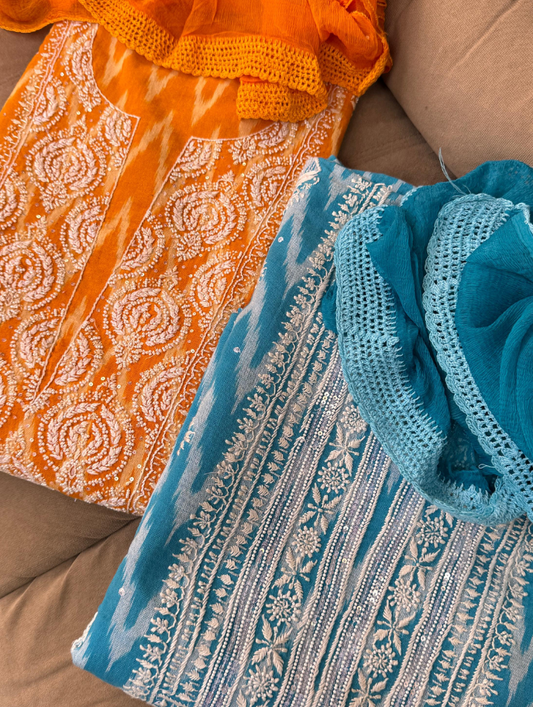 Ikat Unstitch Kurta with Chiffon Dupatta