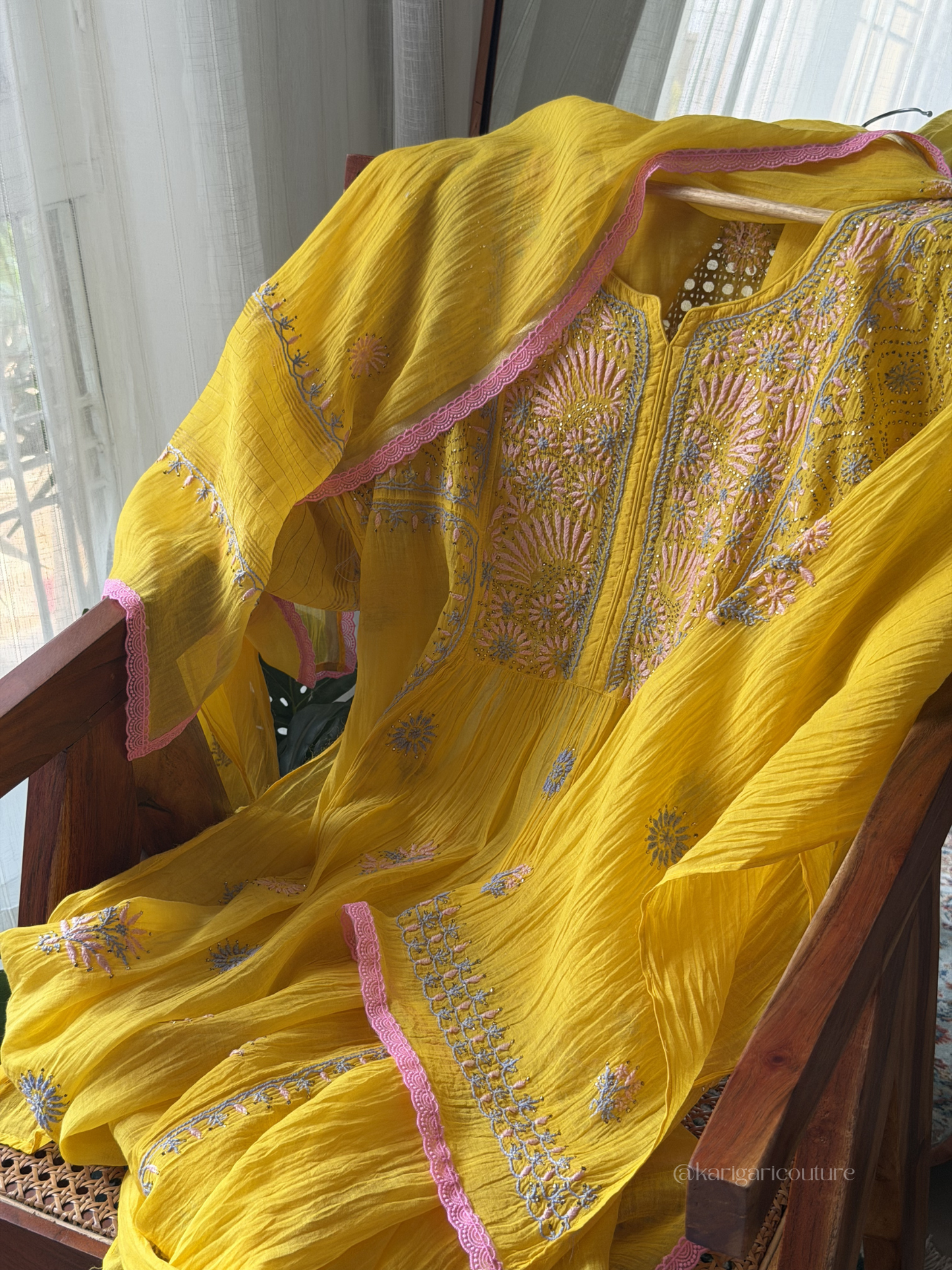 Hand-Embroidered Chikan & Mukaish Mulmul Gathered Tunic Set