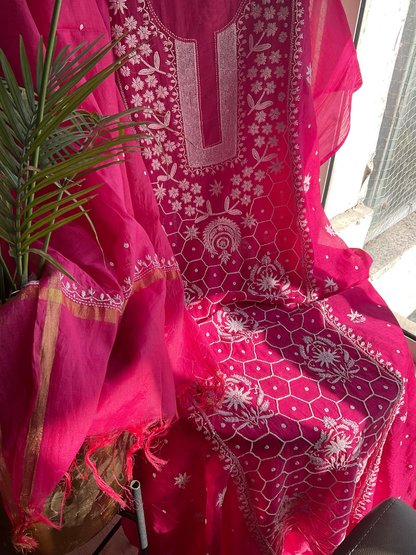 Mulmul Chikankari Kurta Set with Pearl & Cutdana Work (Set of 3) (Unstitched)