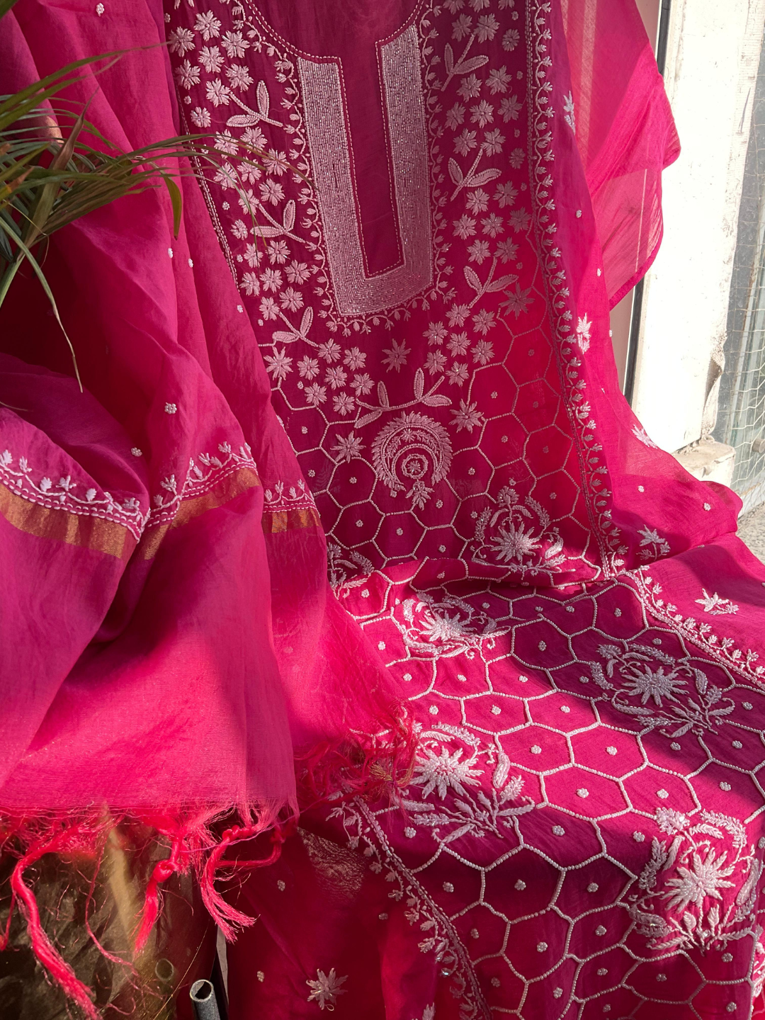 Mulmul Chikankari Kurta Set with Pearl & Cutdana Work (Set of 3) (Unstitched)