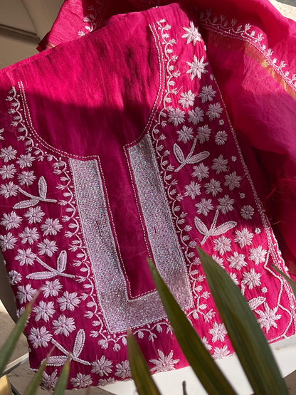 Mulmul Chikankari Kurta Set with Pearl & Cutdana Work (Set of 3) (Unstitched)