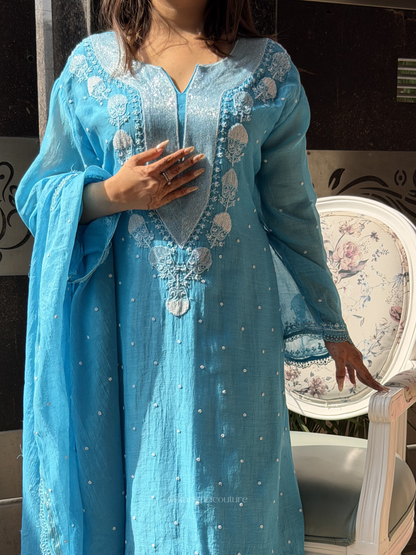 Ensemble de costume non cousu Firozi Blue Torque en mulmul fait main