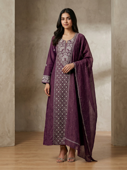 Pure Mulmul Chanderi Kurta Set with Chikankari & Mukaish Work with Handcrafted Dupatta (Set of 3) (Semi-stitched)