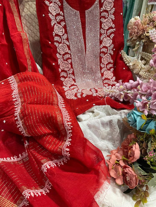 Pure Mulmul Cotton Kurta Set with Chikankari & Pearl-Cutdana Work with Dupatta (Set of 3) (Stitched)