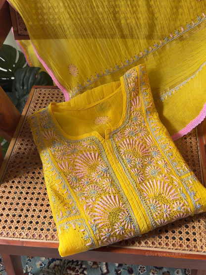 Hand-Embroidered Chikan & Mukaish Mulmul Gathered Tunic Set
