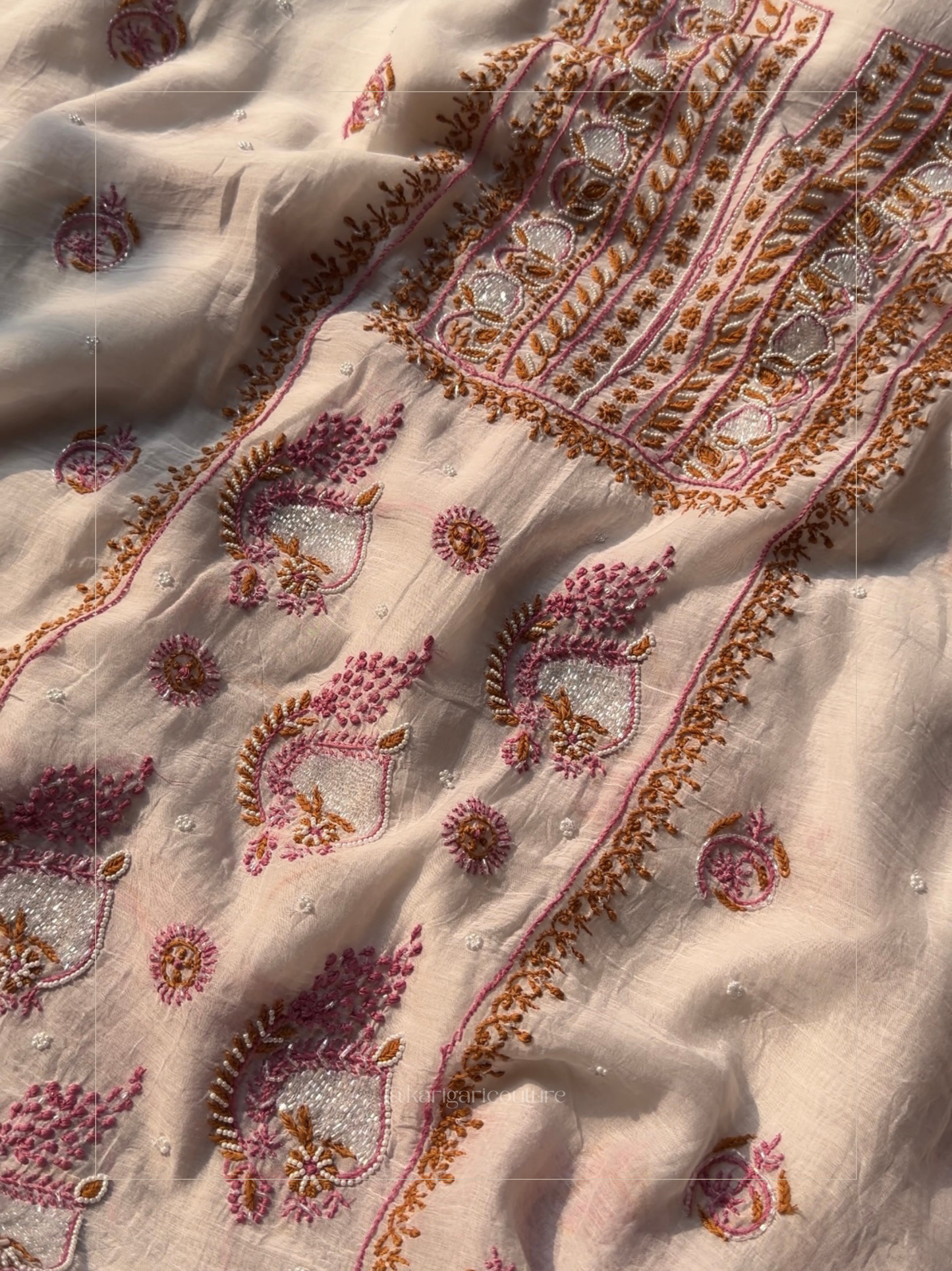 The Pearl-Embellished Chikankari Set in Ivory & Crimson Un-stitched