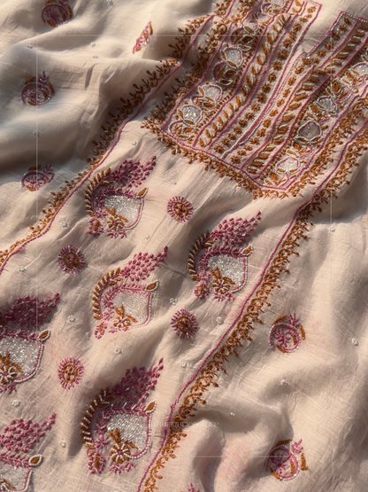 The Pearl-Embellished Chikankari Set in Ivory & Crimson Un-stitched