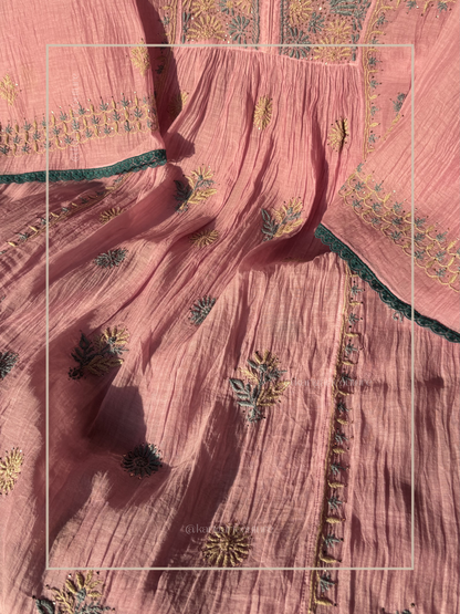 Tunique froncée en mulmul Chikan et Mukaish brodée main avec dupatta