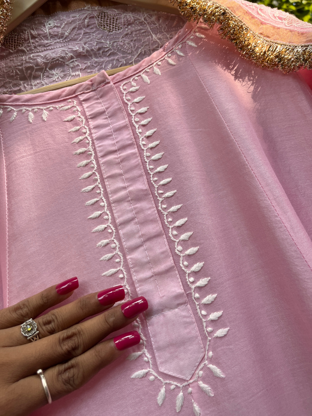 Pure Chanderi Silk Anarkali Set with Ek Taar Chikankari with Coordinated Palazzo & Dupatta (Set of 3) (Stitched)