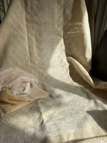 Ensemble de costume en voile de coton avec travail Chikankari et Haath Jaali avec dupatta en mousseline (lot de 3)