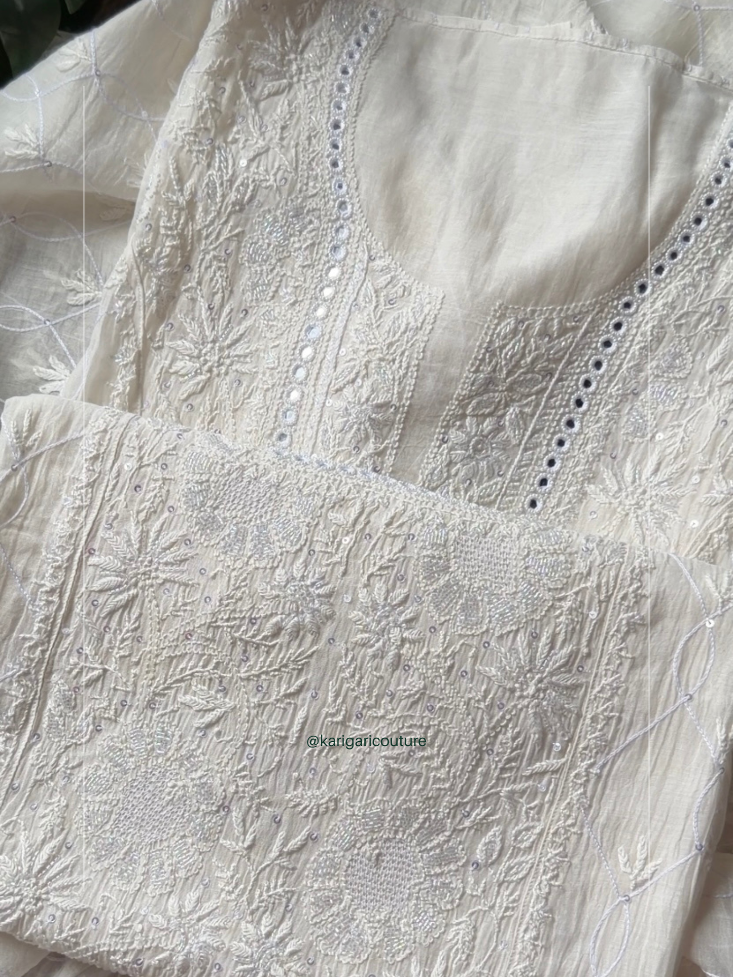 Ensemble Kurta Mulmul pur avec broderie Chikankari miroir et Dupatta fait main (Lot de 3) (Non cousu)
