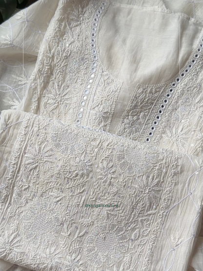 Ensemble Kurta Mulmul pur avec broderie Chikankari miroir et Dupatta fait main (Lot de 3) (Non cousu)