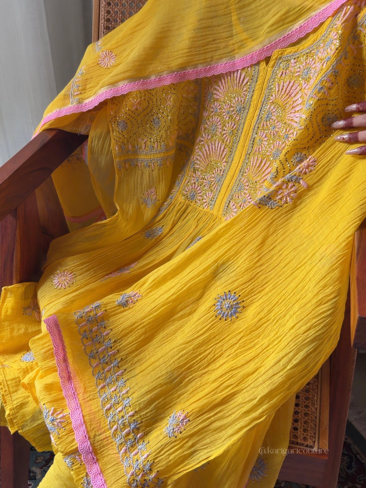 Hand-Embroidered Chikan & Mukaish Mulmul Gathered Tunic Set