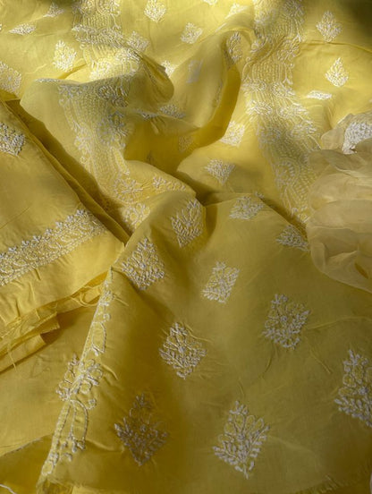 Ensemble costume en voile de coton avec broderie fine Chikankari et Boota, et dupatta en mousseline (Lot de 3)