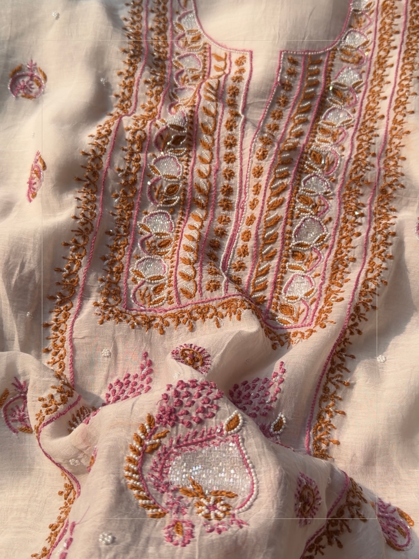 The Pearl-Embellished Chikankari Set in Ivory & Crimson Un-stitched