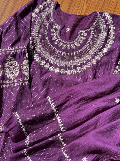Ensemble de Kurta Chikankari en pur Mulmul avec travail Mukesh (Lot de 2) (Semi-cousu)