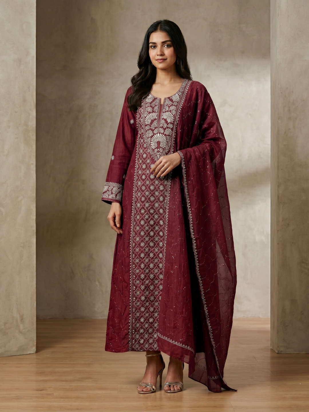 Pure Mulmul Chanderi Kurta Set with Chikankari & Mukaish Work with Handcrafted Dupatta (Set of 3) (Semi-stitched)