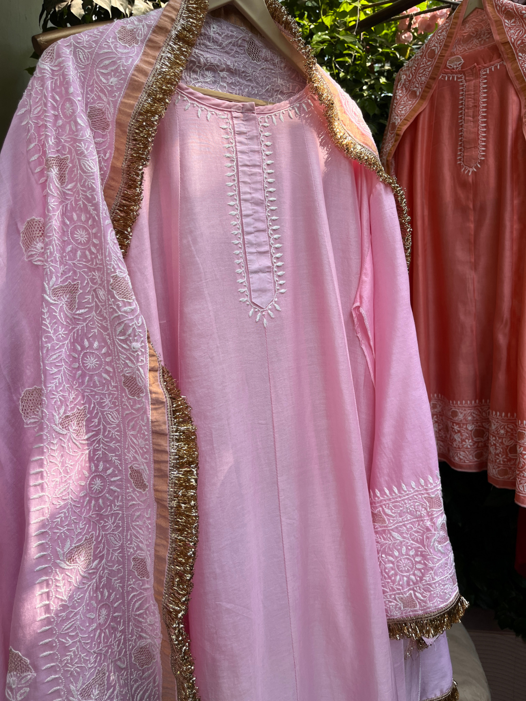 Pure Chanderi Silk Anarkali Set with Ek Taar Chikankari with Coordinated Palazzo & Dupatta (Set of 3) (Stitched)