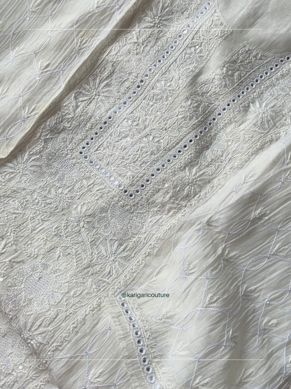 Ensemble Kurta Mulmul pur avec broderie Chikankari miroir et Dupatta fait main (Lot de 3) (Non cousu)
