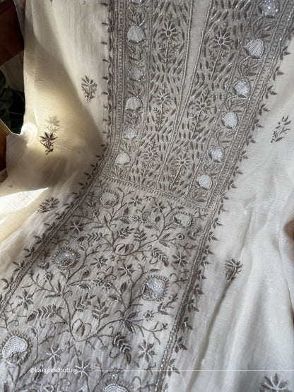 Ensemble Kurta en Pur Mulmul avec Chikankari Do Taar & Dupatta Brodé (Ensemble de 3) (Non Cousu)