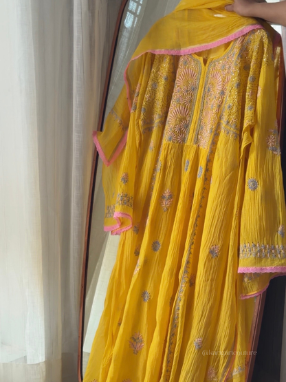 Hand-Embroidered Chikan & Mukaish Mulmul Gathered Tunic Set