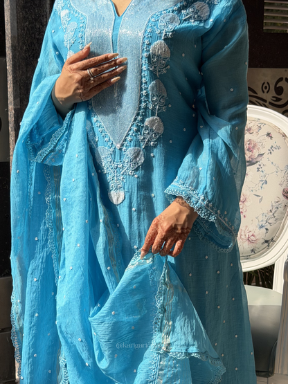 Ensemble de costume non cousu Firozi Blue Torque en mulmul fait main