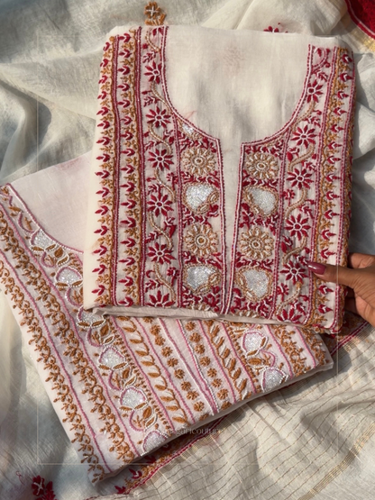 The Pearl-Embellished Chikankari Set in Ivory & Crimson Un-stitched