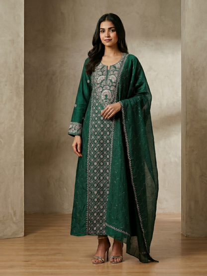 Pure Mulmul Chanderi Kurta Set with Chikankari & Mukaish Work with Handcrafted Dupatta (Set of 3) (Semi-stitched)