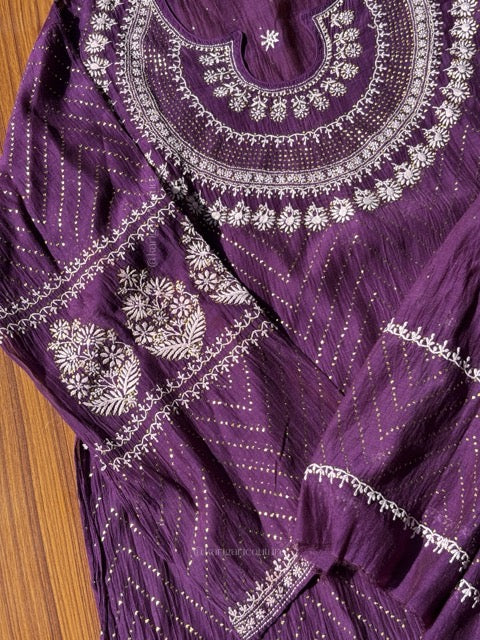 Ensemble de Kurta Chikankari en pur Mulmul avec travail Mukesh (Lot de 2) (Semi-cousu)