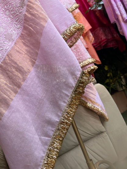 Pure Chanderi Silk Anarkali Set with Ek Taar Chikankari with Coordinated Palazzo & Dupatta (Set of 3) (Stitched)
