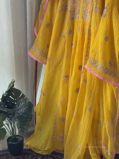 Hand-Embroidered Chikan & Mukaish Mulmul Gathered Tunic Set