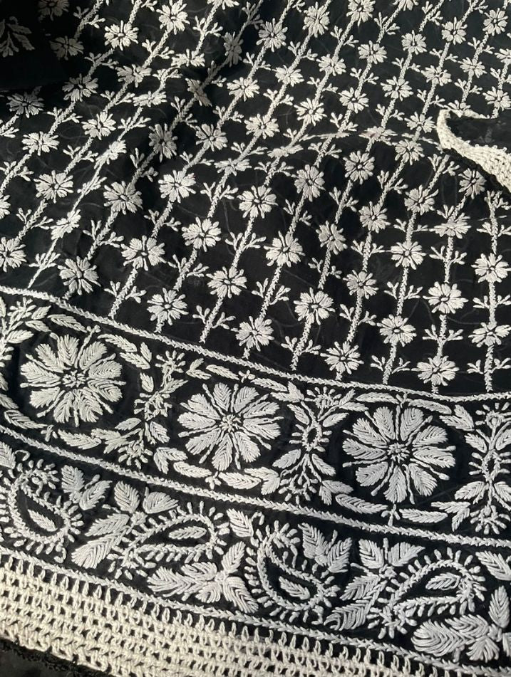 Ensemble de costume en voile de coton avec broderie Chikankari fine et motifs Boota, et dupatta en mousseline (Lot de 3)