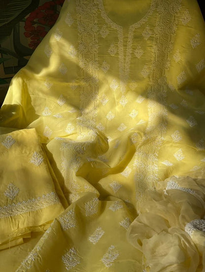 Ensemble costume en voile de coton avec broderie fine Chikankari et Boota, et dupatta en mousseline (Lot de 3)