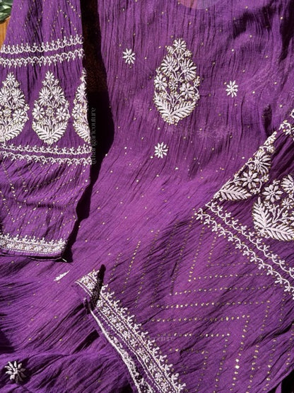 Ensemble de Kurta Chikankari en pur Mulmul avec travail Mukesh (Lot de 2) (Semi-cousu)