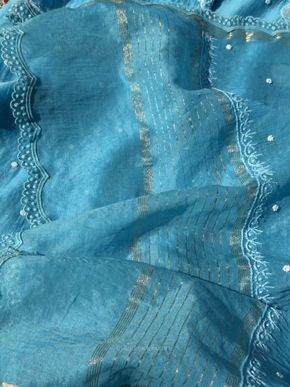 Ensemble de costume non cousu Firozi Blue Torque en mulmul fait main