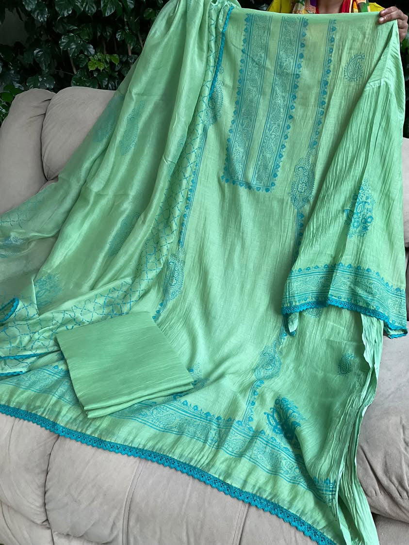 Pure Mulmul Kurta Set with Handblock Print &amp; Artisanal Printwork with Printed Dupatta (Set of 3) (Unstitched)