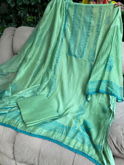 Pure Mulmul Kurta Set with Handblock Print &amp; Artisanal Printwork with Printed Dupatta (Set of 3) (Unstitched)