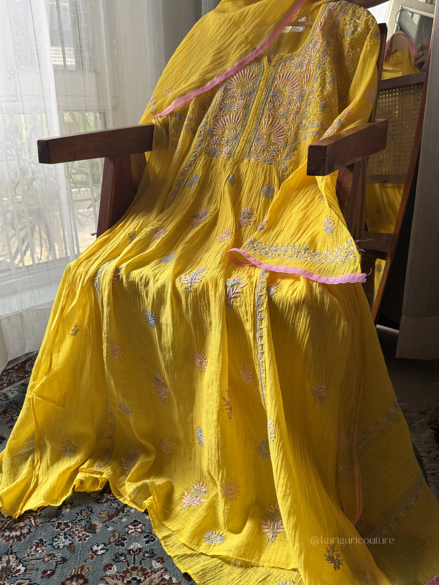 Hand-Embroidered Chikan & Mukaish Mulmul Gathered Tunic Set