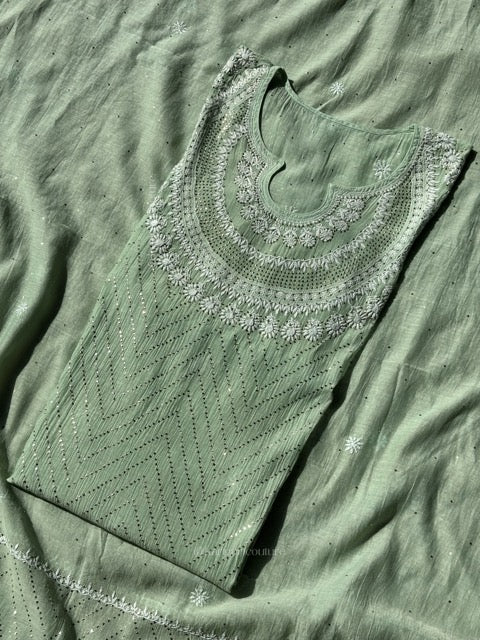 Ensemble de Kurta Chikankari en pur Mulmul avec travail Mukesh (Lot de 2) (Semi-cousu)