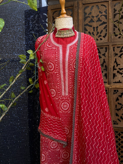 Red mulmul straight kurta set