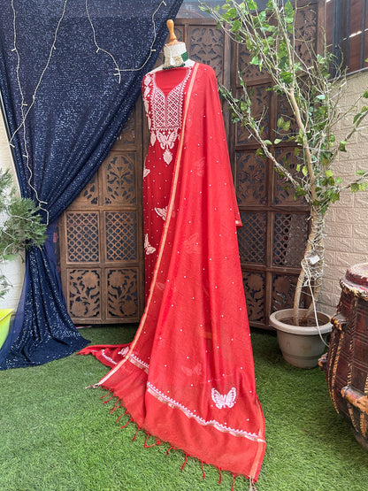 Teal orange kurta set with dupatta Unstitched