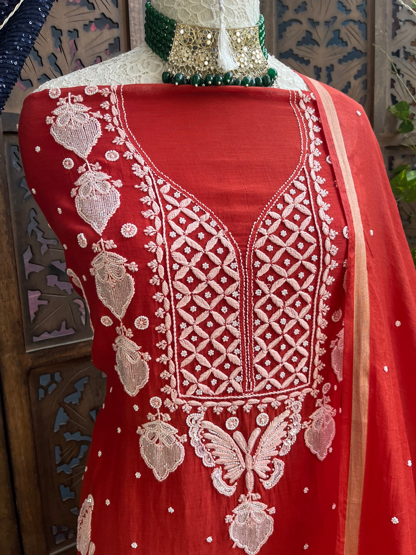 Teal orange kurta set with dupatta Unstitched