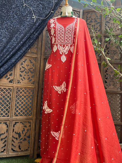 Teal orange kurta set with dupatta Unstitched